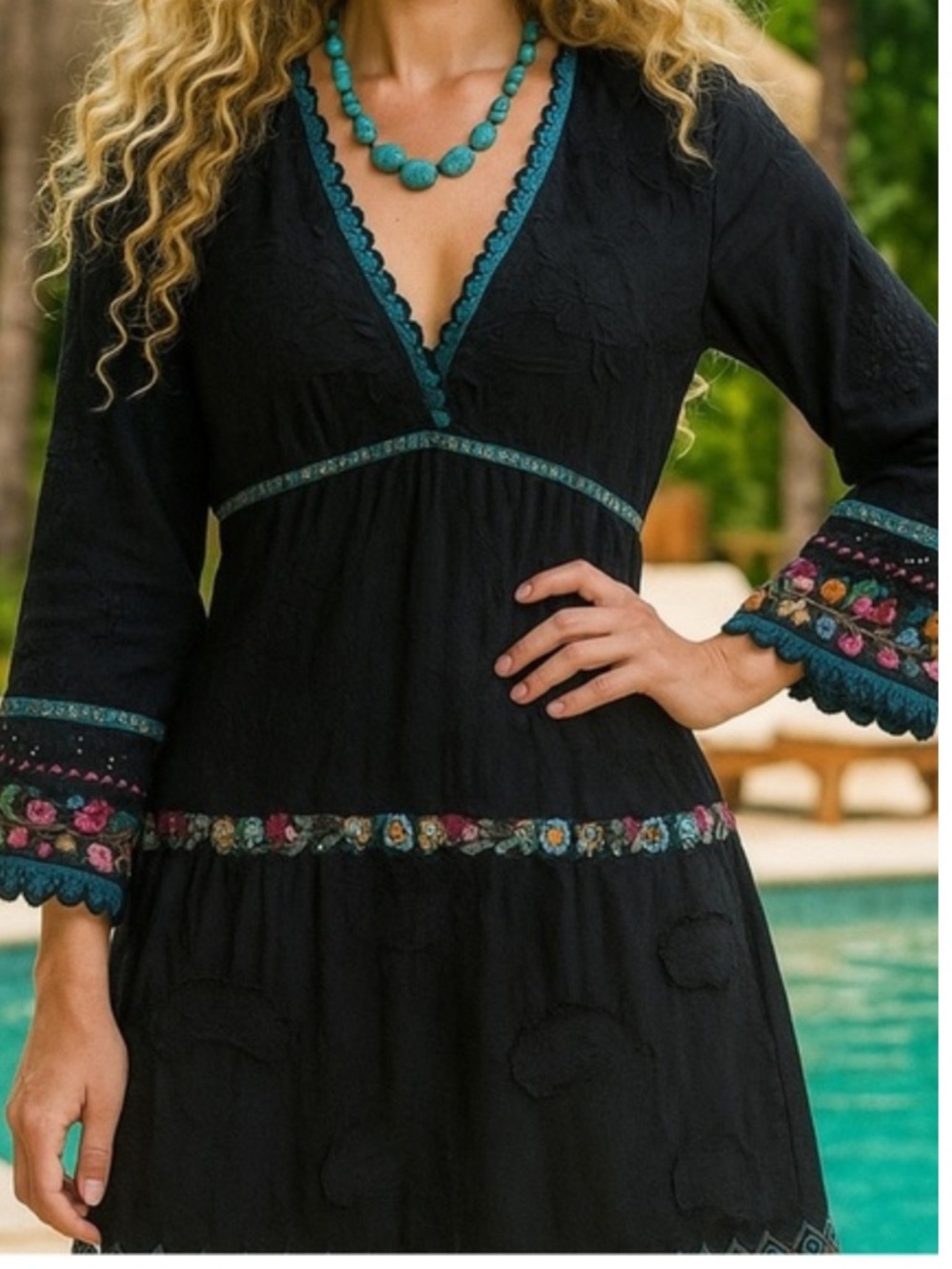 Johnny Was Black Ridden Tierred Mix Embroidered Tunic Dress